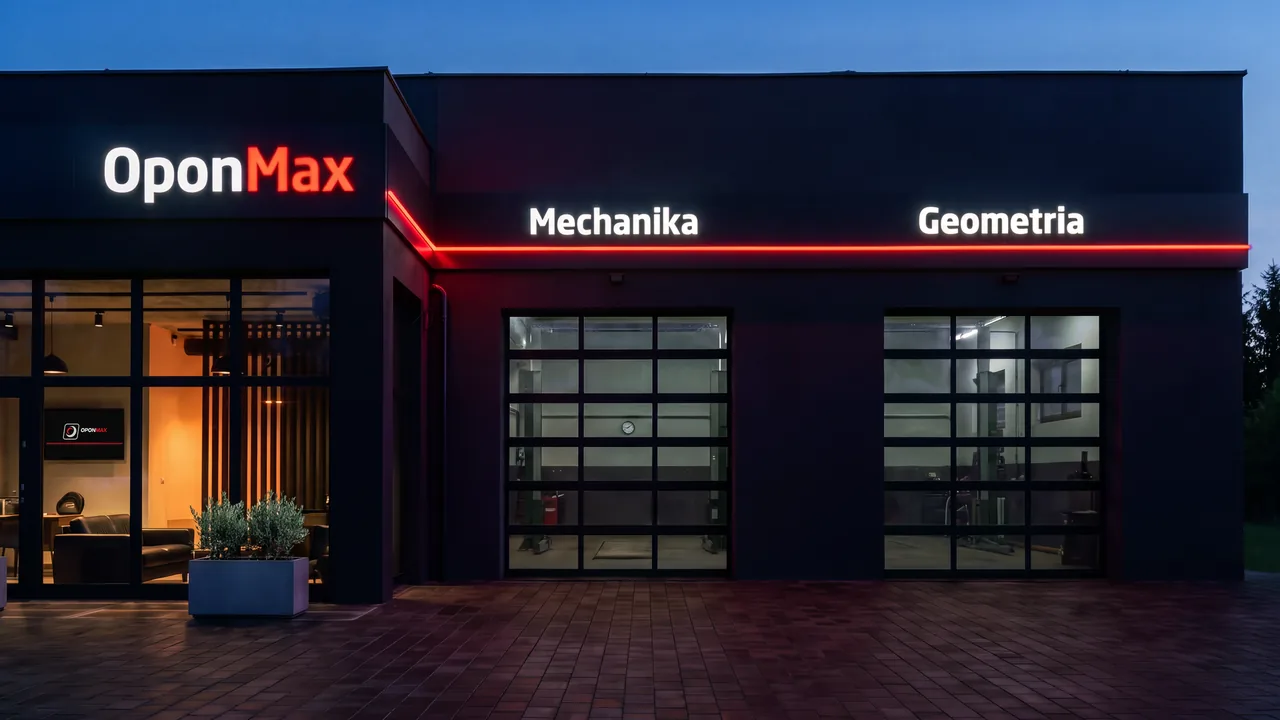 Budynek serwisu OponMax przy Gliwickiej 78 o zmierzchu: szyld OponMax, napisy Mechanika i Geometria oraz czerwona linia LED